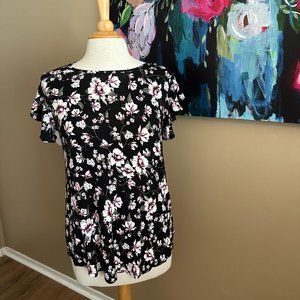Prinstory Black and Pink Floral Short Sleve Top Size Medium